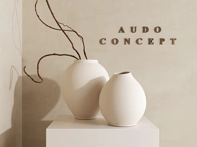 White Decorative Vases with Brown Branches on White Pedestal against Beige Wall with AUDO CONCEPT 3d model