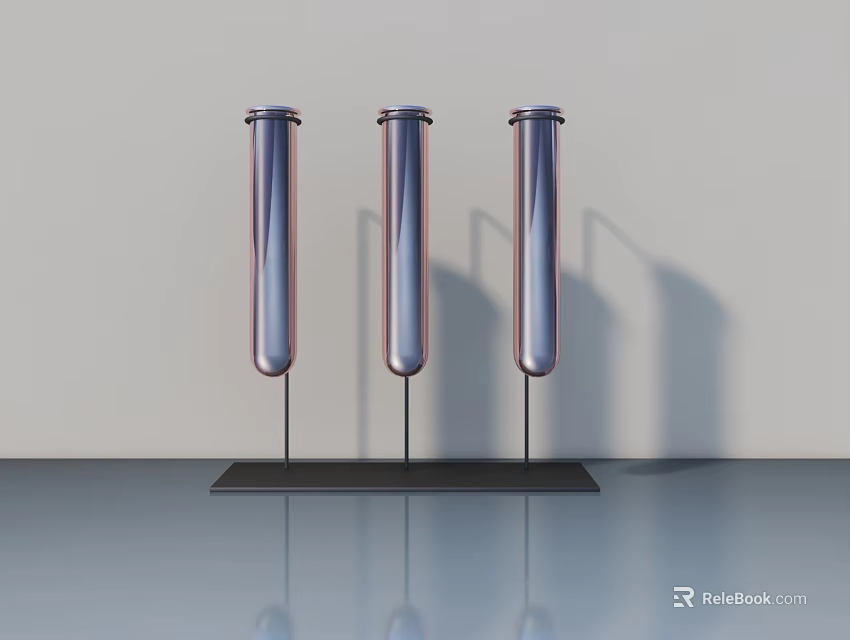 Three Silver Cylindrical Sculptures on Black Base with Light Colored Wall and Reflective Floor 3d model 