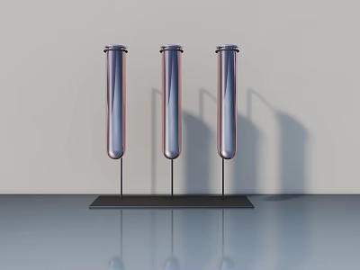Three Silver Cylindrical Sculptures on Black Base with Light Colored Wall and Reflective Floor 3d model