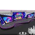 Neon Lit Corridor With Glowing Line Frames Colorful Walls And People Walking