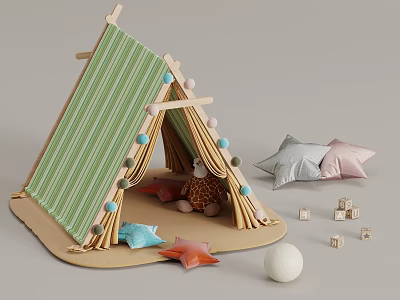 Green Striped Kids Tent With Wooden Frame Colorful Star Cushions Small Blocks And White Ball 3d model