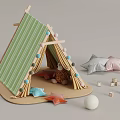 Green Striped Kids Tent With Wooden Frame Colorful Star Cushions Small Blocks And White Ball