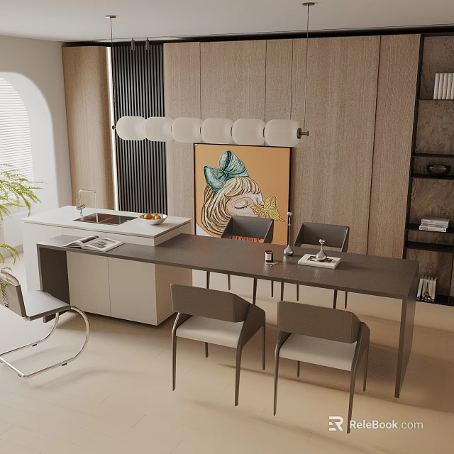 Modern Dining Table Set With Chairs Decorative Painting And Hanging Lighting 3d model