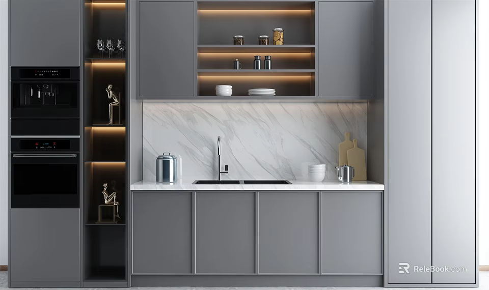 Modern Kitchen Interior With Gray Cabinets Marble Countertop Sink And Lighting 3d model 