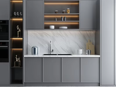 Modern Kitchen Interior With Gray Cabinets Marble Countertop Sink And Lighting 3d model
