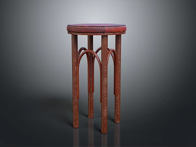 Red Wooden Stool With Round Textured Seat And Curved Legs Design 3d model