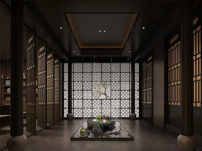 Chinese Style Elevator Hallway Interior With Lattice Screen Decorative Ornaments And Ceiling Lighting 3d model