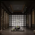 Chinese Style Elevator Hallway Interior With Lattice Screen Decorative Ornaments And Ceiling Lighting