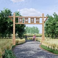 Traditional Wooden Archway Surrounded by Green Trees Bamboo Groves and Stone Path in Open Field