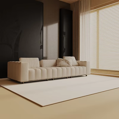 Beige Three Seater Sofa With Tufted Design Dark Wall And Blinds On Floor Rug 3d model