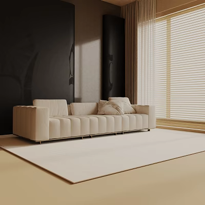 Beige Three Seater Sofa With Tufted Design Dark Wall And Blinds On Floor Rug 3d model Beige Three Seater Sofa With Tufted Design Dark Wall And Blinds On Floor Rug 3d model