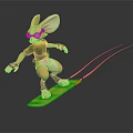 3D Rabbit Character With Large Ears Goggles On Yellow Surfboard Holding Ropes