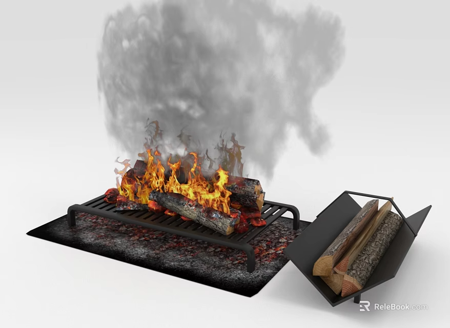 Cozy Garden Fire Pit With Burning Flames Smoke And Firewood Holder 3d model 