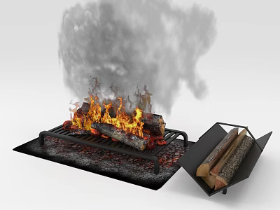 Cozy Garden Fire Pit With Burning Flames Smoke And Firewood Holder 3d model