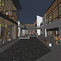 Modern Commercial Street With Glass Facades Open Layout Water Feature and Pedestrians