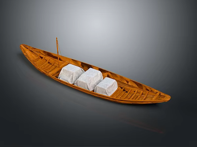 Small Traditional Wooden Boat Carrying Three White Covered Packages On Smooth Gray Surface 3d model