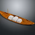 Small Traditional Wooden Boat Carrying Three White Covered Packages On Smooth Gray Surface