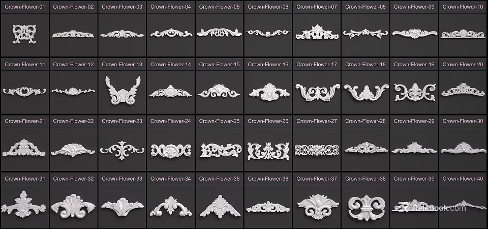 Various Crown Flower Carved Decorative Patterns With Intricate Design Details 3d model 