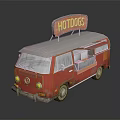 Red Volkswagen Van Hot Dog Food Truck with Neon HOTDOGS Sign and Side Selling Window