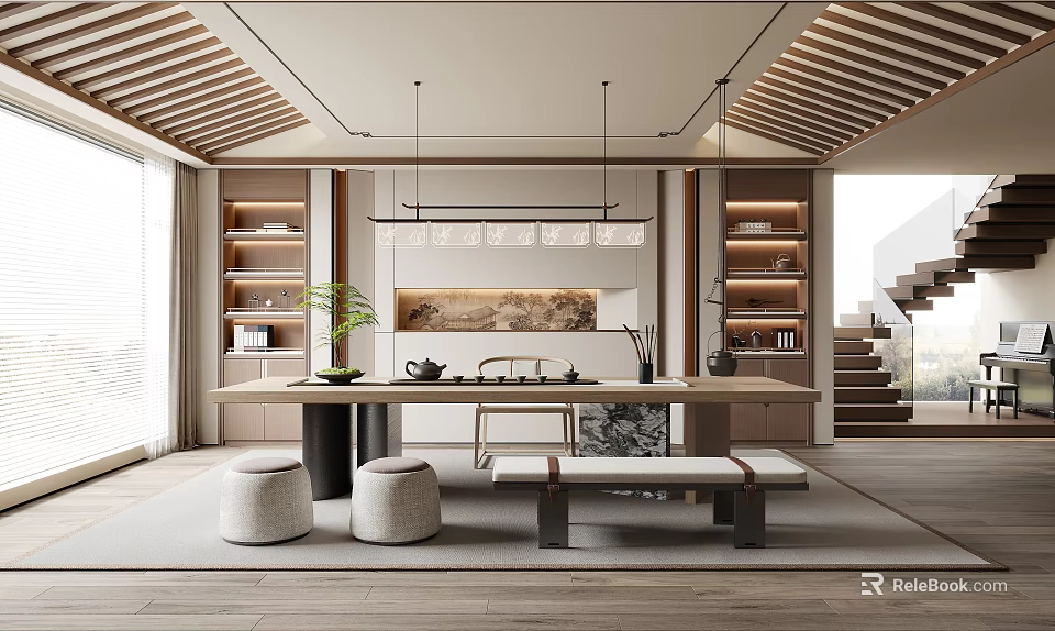 Serene Tea Room Interior Featuring Wooden Slatted Ceiling Tea Table Potted Plant And Bookshelves 3d model 