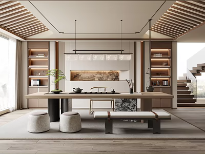 Serene Tea Room Interior Featuring Wooden Slatted Ceiling Tea Table Potted Plant And Bookshelves 3d model