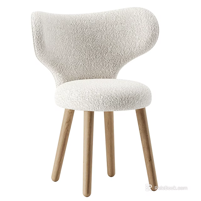 Modern Accent Chair with Ivory Fleece Fabric Curved Backrest and Solid Wood Slim Legs 3d model 