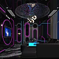 Modern KTV Interior With Neon Lights Circular Ceiling And Luxury Sofa Lounge
