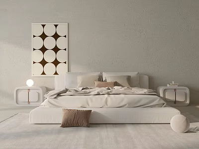 Modern Minimalist Bedroom Interior With Neutral Beige Walls Plush Bed Geometric Artwork And Side Tables 3d model