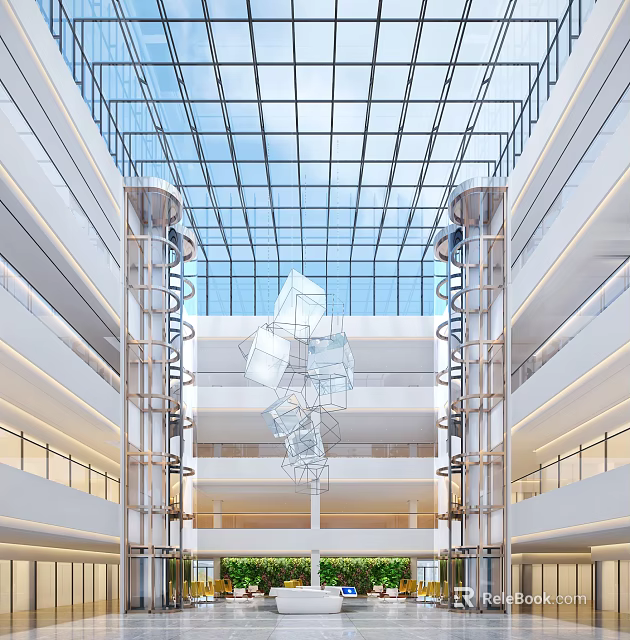 Modern Shopping Mall Atrium with Glass Ceiling Elevators and Multiple Floors 3d model 