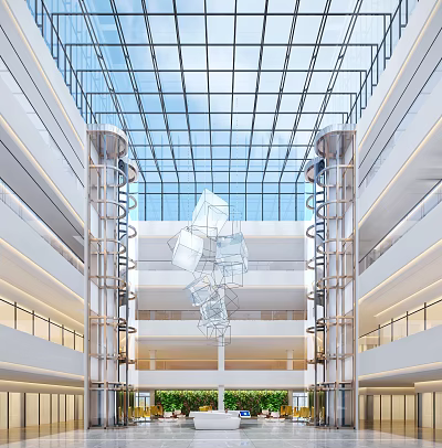 Modern Shopping Mall Atrium with Glass Ceiling Elevators and Multiple Floors 3d model