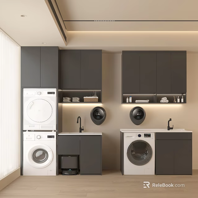 Modern Laundry Room Interior With Stacked Washing Machines Gray Cabinets Sinks And Storage 3d model 