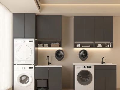 Modern Laundry Room Interior With Stacked Washing Machines Gray Cabinets Sinks And Storage 3d model
