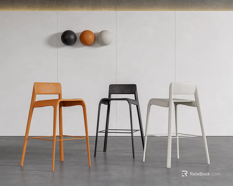 Modern Colorful Bar Stools In Interior Setting With Wall Mounted Decorative Spheres 3d model