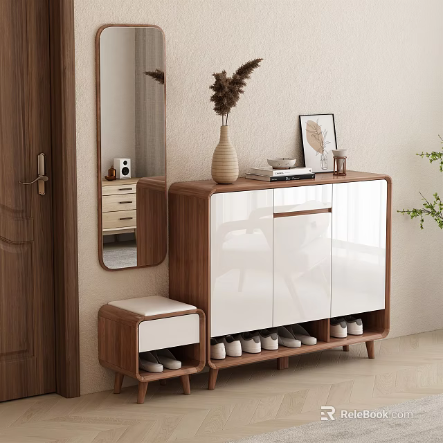 Modern Wooden And White Shoe Cabinet With Decorative Vase Frame Side Mirror And Small Stool 3d model 