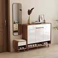 Modern Wooden And White Shoe Cabinet With Decorative Vase Frame Side Mirror And Small Stool