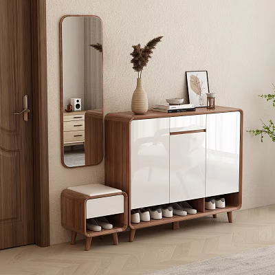 Modern Wooden And White Shoe Cabinet With Decorative Vase Frame Side Mirror And Small Stool 3d model