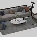 Modern Light Colored Sofa With Decorative Pillows And Round Marble Coffee Table On Area Rug 3d model
