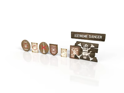 Rustic Wooden Warning Signs With Extreme Danger Plaque And Shield Shaped Badges 3d model