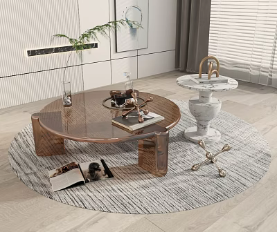 Modern Wooden Round Coffee Table With Decorative Items Magazines And Plant On Rug 3d model