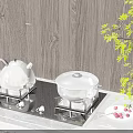 Gas Stove Top In Modern Kitchen With Silver Kettle Covered Pot Red Berries And Green Plant