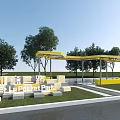 Modern Yellow Outdoor Pergola With Trees Grass Seating And Green Surroundings