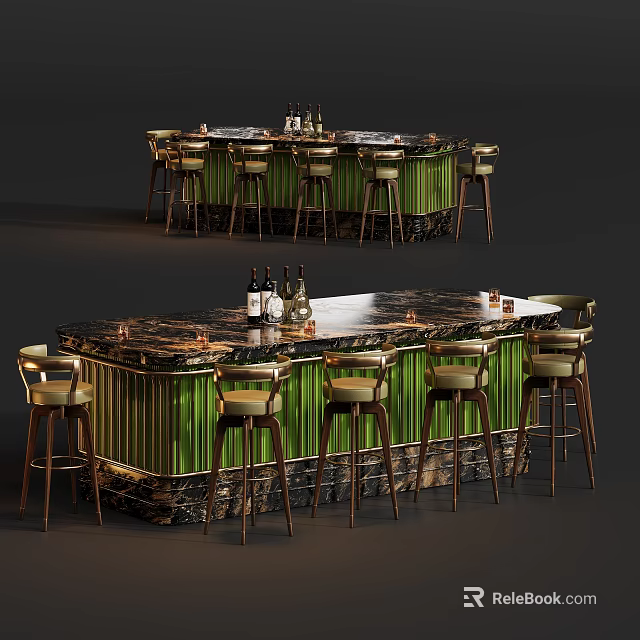 Elegant Luxury Marble Top Bar Counter With Matching Comfortable Bar Stools And Tasteful Wine Decoration 3d model 