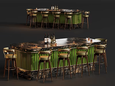 Elegant Luxury Marble Top Bar Counter With Matching Comfortable Bar Stools And Tasteful Wine Decoration 3d model
