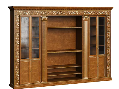 Classic Wooden Cabinets with Elegant Carved Details Glass Doors and Open Shelves 3d model