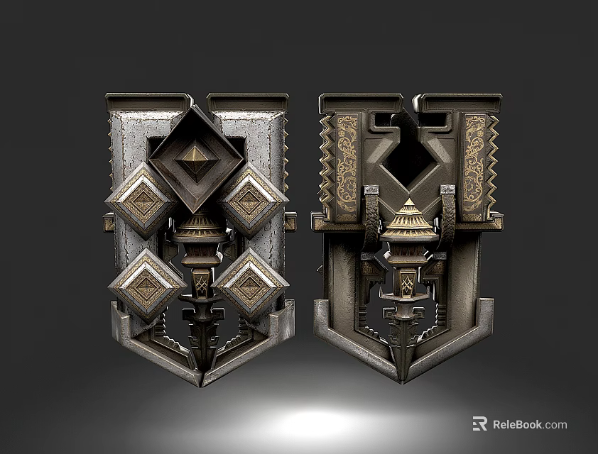 Ornate Metallic Weapon Shields With Intricate Geometric Patterns And Decorative Carvings 3d model 
