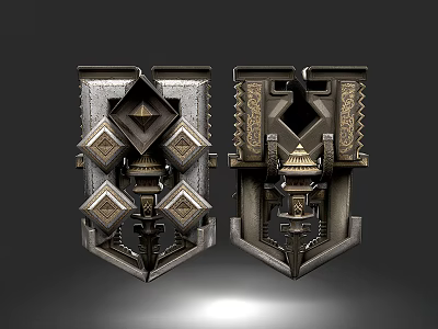 Ornate Metallic Weapon Shields With Intricate Geometric Patterns And Decorative Carvings 3d model