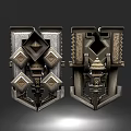 Ornate Metallic Weapon Shields With Intricate Geometric Patterns And Decorative Carvings