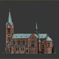 Red Brick Church Architecture With Green Roof Spires Clock Tower And Arch Windows