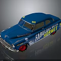 Blue Vintage Car With FABULOS NET SPECTACULAR POWER V8 Decals And Red Wheels