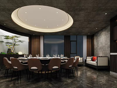 Elegant Private Dining Box With Round Table Chairs Sofa And Modern Lighting 3d model